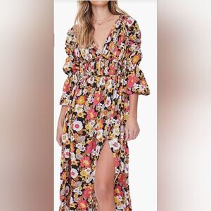 Forever 21 Dress Mid-Maxi Woven Allover Floral Bell Sleeves V-Neckline
